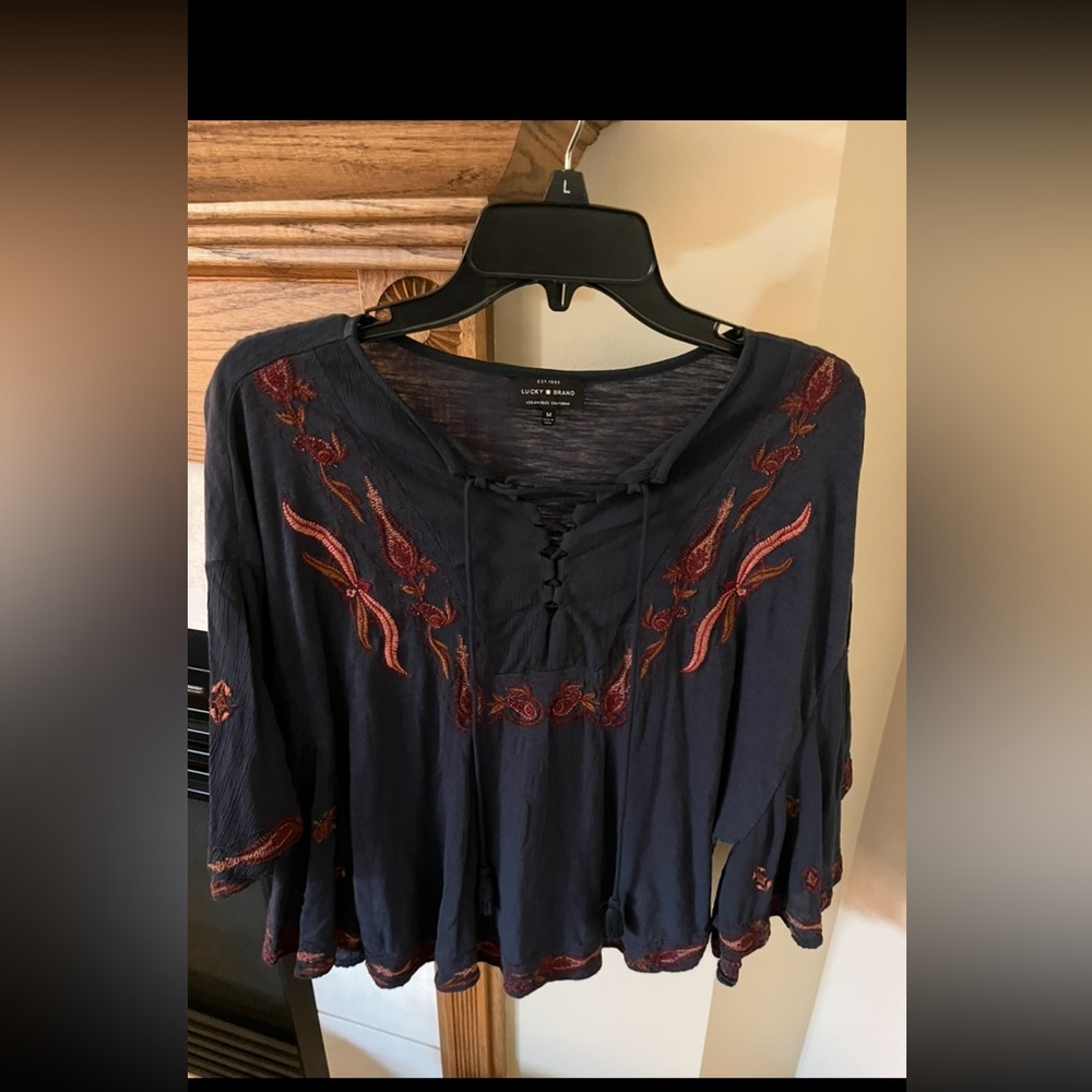 Lucky Brand Women's Dark Blue Top with Red Embroidery